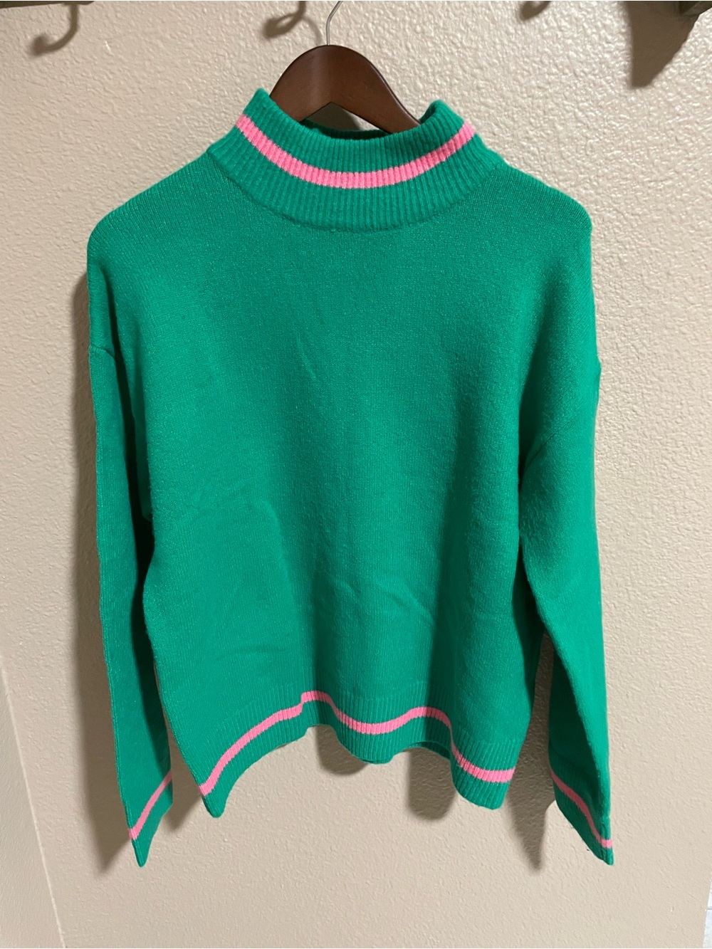 THML Green Turtleneck Sweater with Pink Stripe Trim